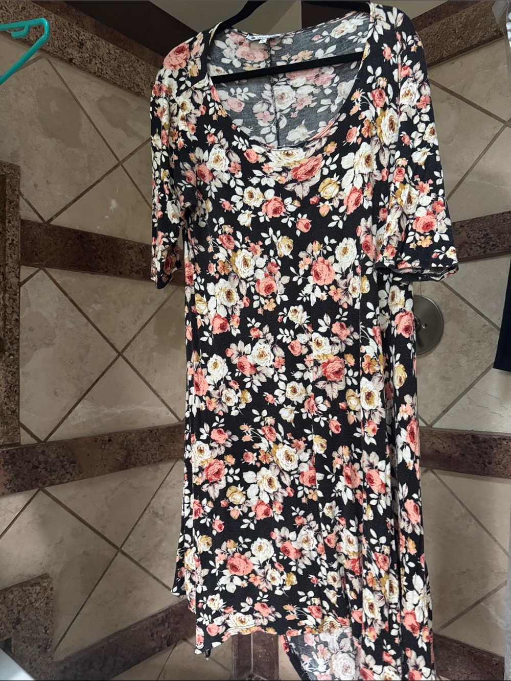 Floral Scoop-Neck Midi Dress in Black with Pink & Cream Blooms